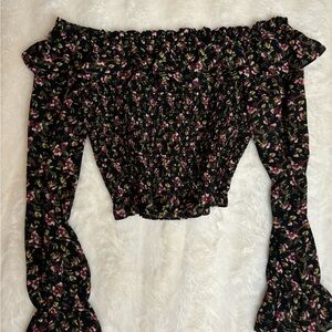 Fashion Nova Black and Pink Ruffled Bell Sleeve Blouse